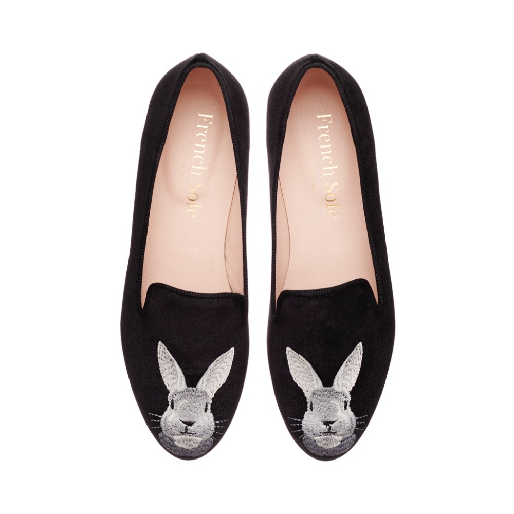 French Sole Hefner Black Velvet Bunny Embroidery Flats - Picture 3 of 7